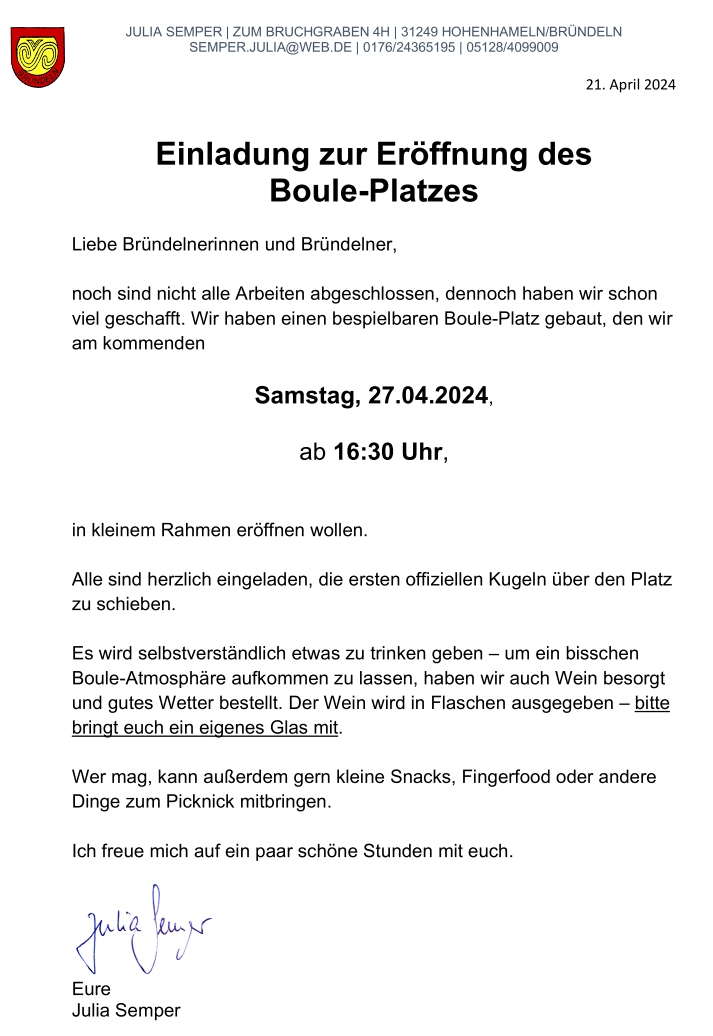 Einladung Eröffnung Bouleplatz am 2024 04 27